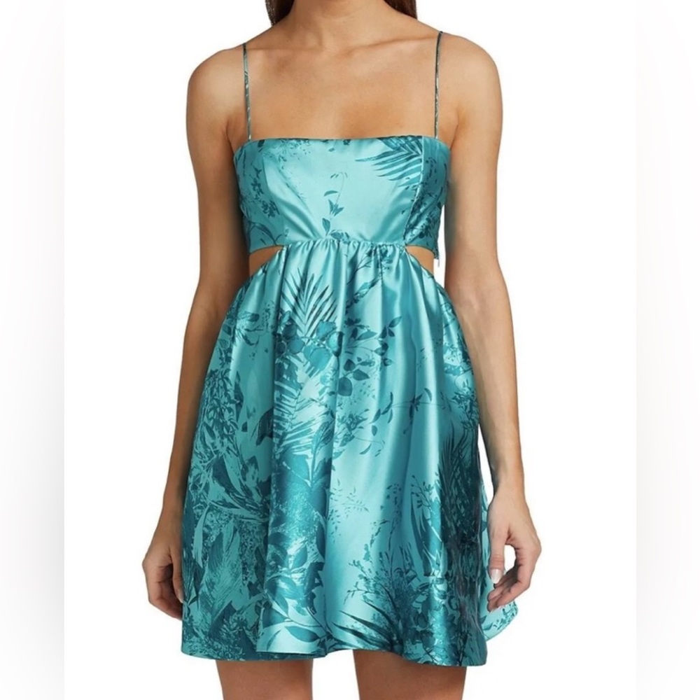 Monique Lhuillier Sleeveless Aqua Blue Tropic Cut Out Mini Dress